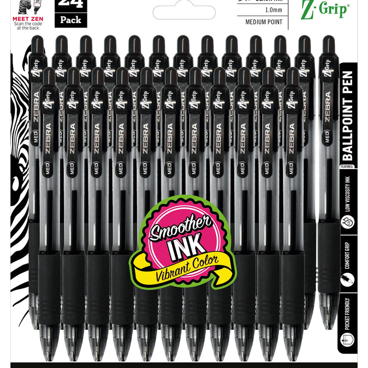 Zebra(R) Z-Grip(TM) Retractable Ballpoint Pens, 1.0 mm, Medium Point, Clear Barrel, Black Ink, Pack Of 24, 12221