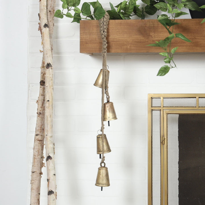 Deco 79 Gold Metal Tibetan Inspired String Hanging Decorative Bells with Jute Hanging Rope 4" x 8" x 52" - Cone 52" x 4" x 8"