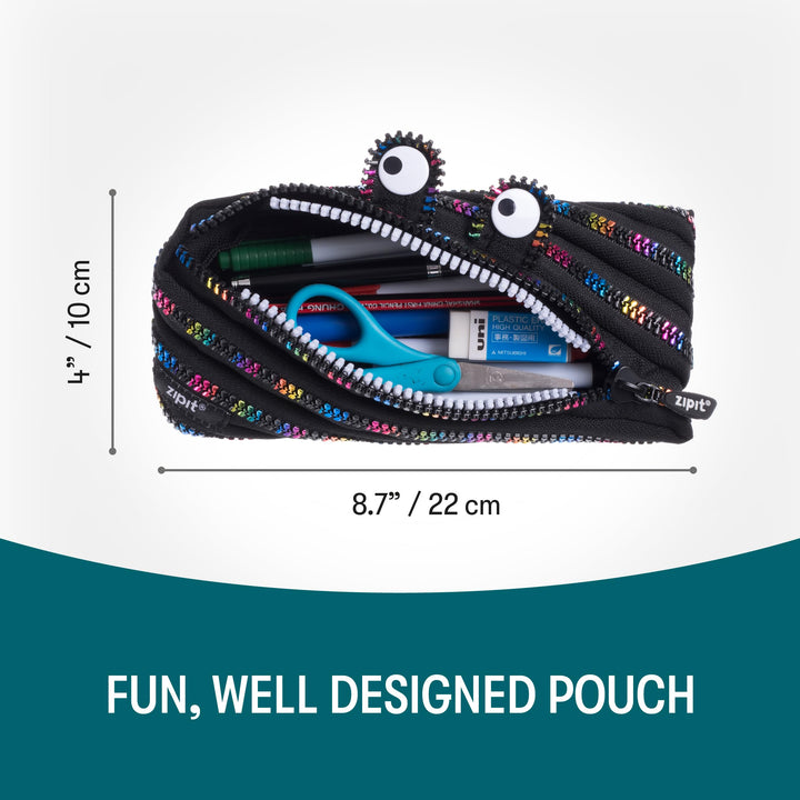 ZIPIT Monster Pencil Case for Kids | Pencil Pouch for School, College and Office | Pencil Bag for Boys & Girls (Black & Rainbow) Black & Rainbow