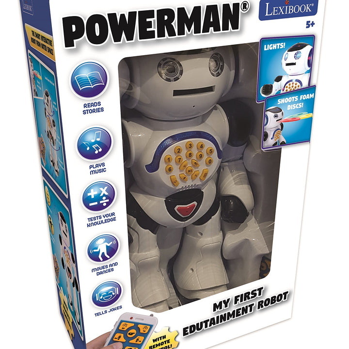 LEXIBOOK Powerman - Remote Control Walking Talking Toy Robot, Dances, Sings, Reads Stories, Math Quiz, Shooting Discs, and Voice Mimicking, for Kids 4+ - ROB50US