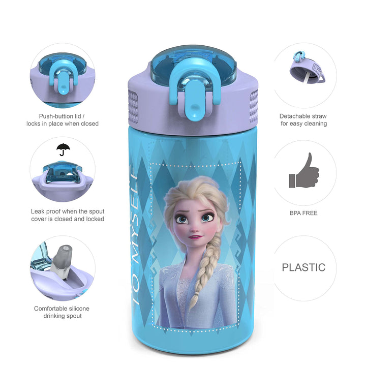 Zak Designs Disney Frozen 2 Kids Water Bottle Set with Reusable Straws and Built in Carrying Loops, Made of Plastic, Leak-Proof Designs 16 oz, BPA-Free, 2pc Set, Elsa & Anna (Frozen 2)