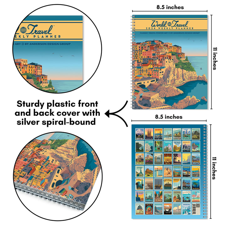 Americanflat 2024 Weekly Planner Spiral Bound 8.5 x 11 Inches - World Travel Weekly Agenda - January to December 2024 Calendar Planner with Flexible Cover and Monthly Tab Organizer