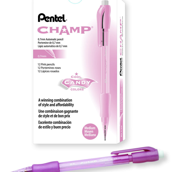 Pentel Champ Automatic Pencil, 0.7mm, Pink Barrel, Box of 12 (AL17P) 0.7 mm 12 Count (Pack of 1)