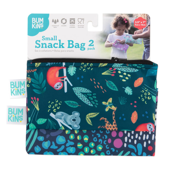 Bumkins Reusable Snack Bags, for Kids School Lunch and for Adults Portion, Washable Fabric, Waterproof Cloth Zip Bag, Supplies Travel Pouch, Food-Safe, 2-pk Jungle and Animal Snack Bag 2-pk Jungle & Animal-Sm