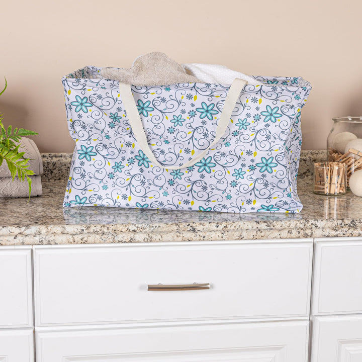 Household Essentials 2244 Krush Canvas Utility Tote | Reusable Grocery Shopping Laundry Carry Bag | White With Floral Design, 22" L X 11" W X 13" H Blue Floral Short Rectangular