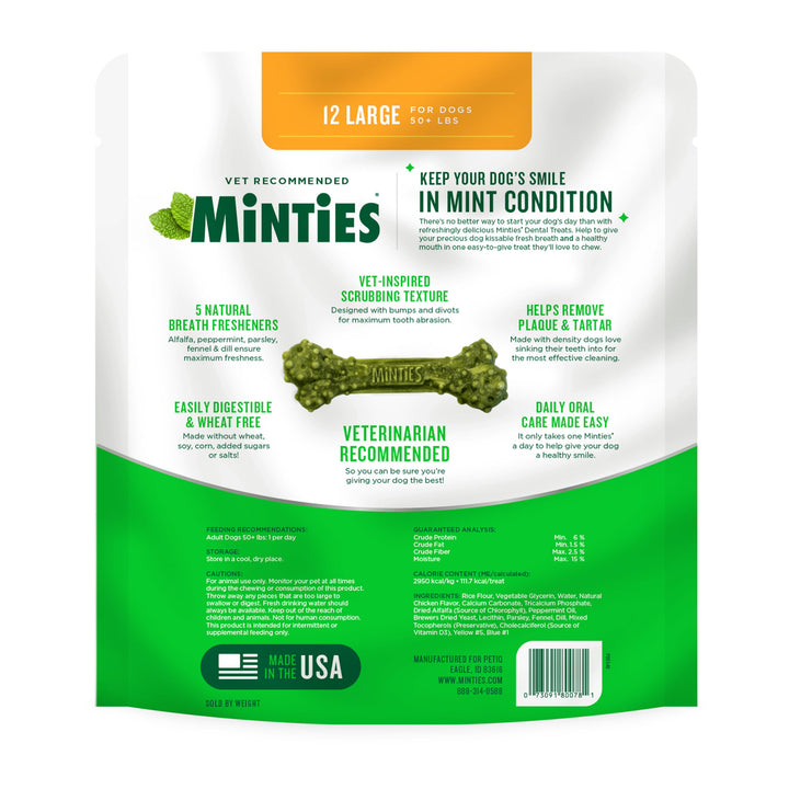 Minties Dental Chews for Dogs, 12 Count, Vet-Recommended Mint-Flavored Dental Treats for Large Dogs Over 50 lbs, Dental Bones Clean Teeth, Fight Bad Breath, and Removes Plaque and Tartar