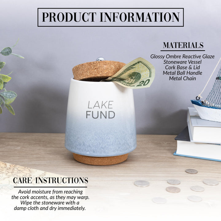 Pavilion - Lake Fund 6.5-inch Unique Ceramic Piggy Bank Savings Bank Money Jar with Cork Base Cork Lid with Hanging Anchor Charm, Ombre Blue 78600