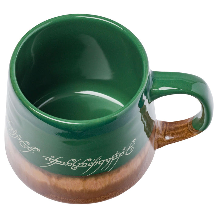 Silver Buffalo Lord of The Rings Elven Text High Gloss Reactive Glaze Tapered Pottery Mug,14 Ounces Green/Brown/Multi