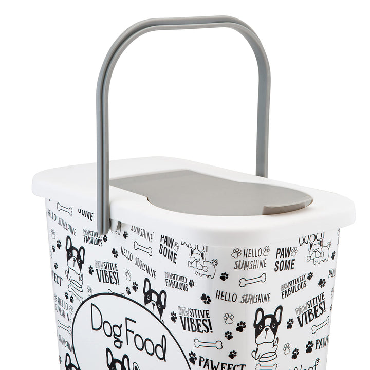 3 Gallon Pet Dry Food Container with Scooper | Dog Food Organizer | Helps Organize Pantry and Cabinets | Dog & Puppy Print Design | Carrying Handle | Flip Top Lid,White