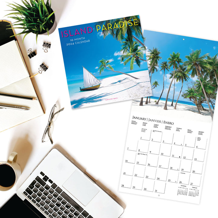 Graphique 2024 Island Paradise Wall Calendar | 12” x 12” | Thick Paper | Home & Office Organizer | Large Monthly Grid | 3 Languages & Marked Holidays | 4 Month Preview Page for 2025