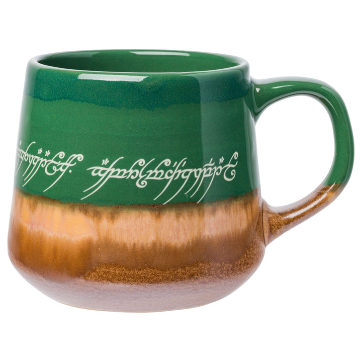 Silver Buffalo Lord of The Rings Elven Text High Gloss Reactive Glaze Tapered Pottery Mug,14 Ounces Green/Brown/Multi