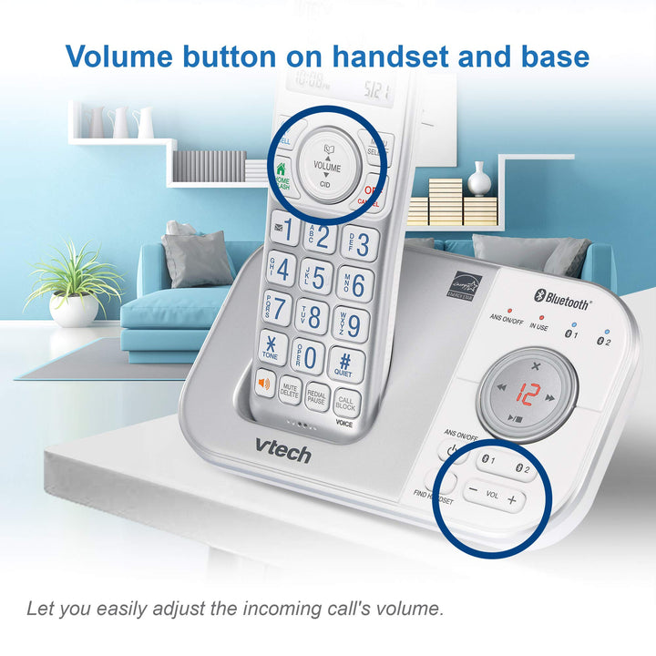 VTech VS112-17 DECT 6.0 Bluetooth Expandable Cordless Phone for Home with Answering Machine, Call Blocking, Caller ID, Intercom and Connect to Cell (Silver & White) 1 Handset