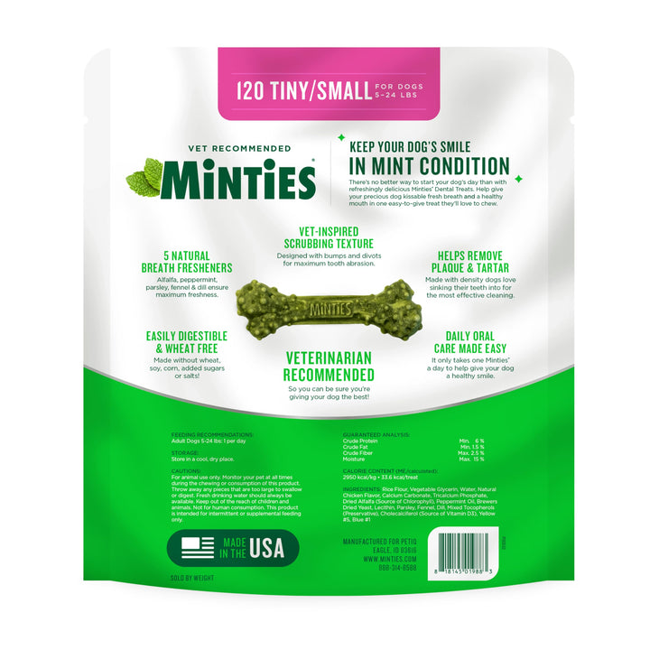 Minties Dental Chews for Dogs, 120 Count, Vet-Recommended Mint-Flavored Dental Treats for Tiny/Small Dogs 5-24 lbs, Dental Bones Clean Teeth, Fight Bad Breath, and Removes Plaque and Tartar Small Mint 48 Ounces