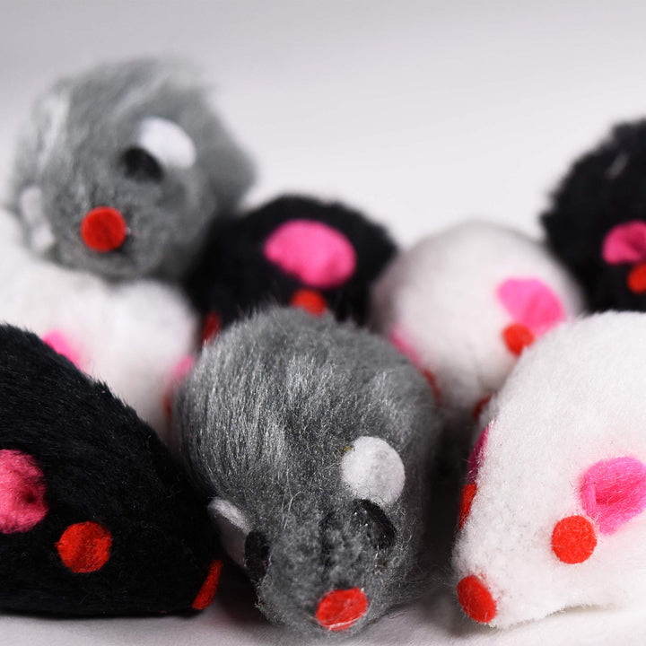 Penn-Plax Play Fur Mice Cat Toys | Mixed Bulk Bag of 12 Play Mice with Rattling Noise | 3 Color Variety Pack - CAT531, Black and White