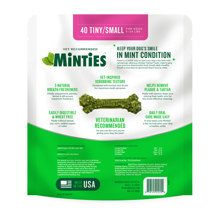 Minties Dental Chews for Dogs, 120 Count, Vet-Recommended Mint-Flavored Dental Treats for Tiny/Small Dogs 5-24 lbs, Dental Bones Clean Teeth, Fight Bad Breath, and Removes Plaque and Tartar Small Mint 48 Ounces