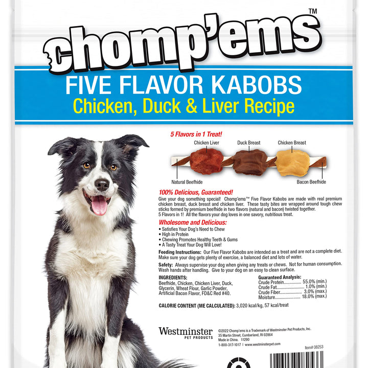 CHOMP 'EMS Five Flavor Kabobs Dog Treats - Beefhide Chewstick - High Protein Dog Chews, 15 Count 15 Count (Pack of 1)