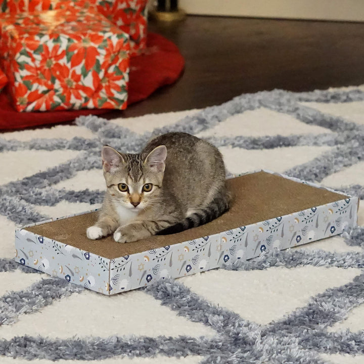 Furhaven Scratching Board w/ Catnip for Indoor Cats, Reversible - Holiday Corrugated Scratcher Pad - Hanukkah Print, One Size