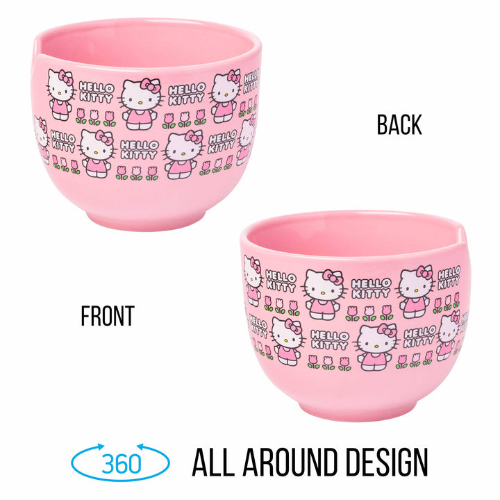 Silver Buffalo Sanrio Hello Kitty Flowers Pattern Ceramic Ramen Noodle Rice Bowl with Chopsticks, Microwave Safe, 20 Ounces
