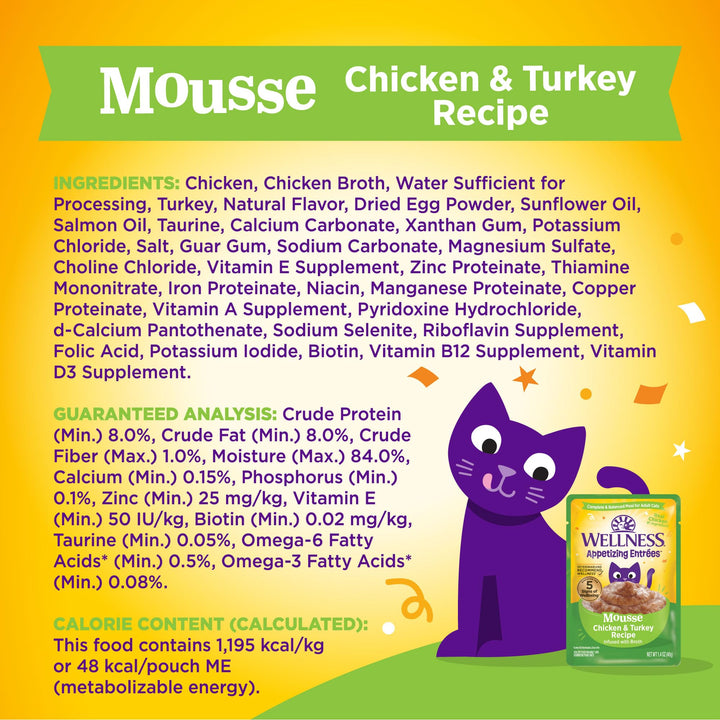 Wellness® Appetizing Entrées™ Mousse Chicken Recipe Infused with Broth Natural Wet Cat Food, 1.4 oz Pouch (Pack of 8) Chicken Mousse 1.4 Ounce (Pack of 8)