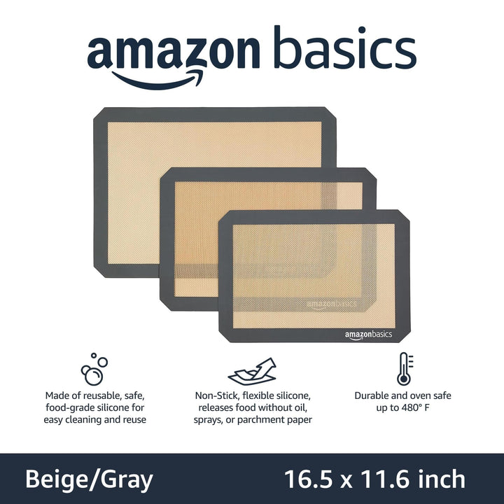 Basics Rectangular Silicone, Non-Stick, Food Safe Baking Mat, Pack of 3, Beige/Gray, 16.5" x 11.6" 3-Pack Baking Mats