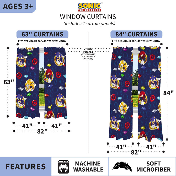 Franco Kids Room Window Curtains Drapes Set, 82 in x 63 in, Sonic The Hedgehog, Anime