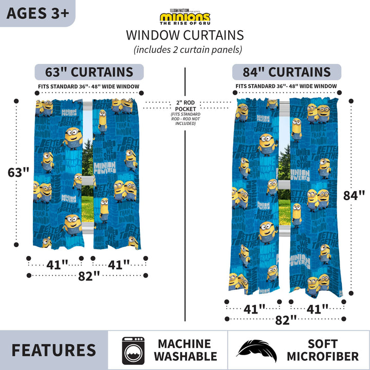 Minions: The Rise Of Gru, Kids Room Window Curtains Drapes Set, 82 In X 84 In, By Franco Despicable Me Minions