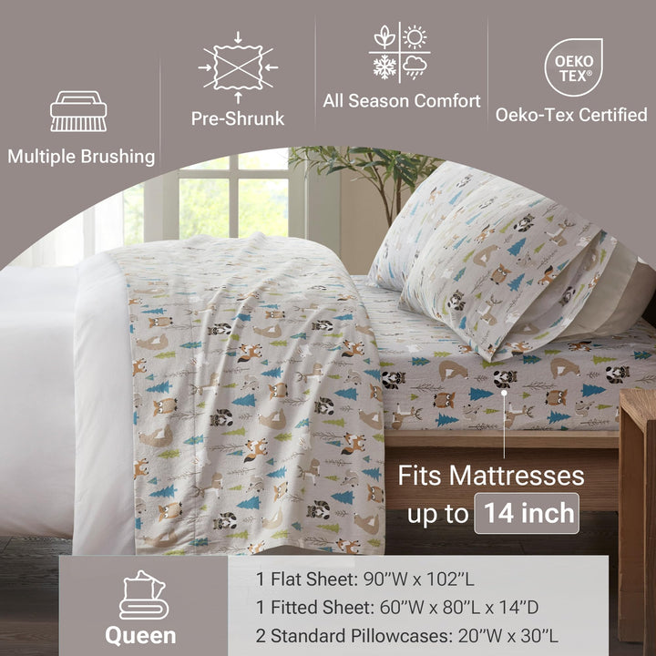 Sleep Philosophy True North Cozy Flannel Warm 100% Cotton Sheet - Novelty Print Animals Stars Cute Ultra Soft Cold Weather Bedding Set, Queen, Aqua Dots 4 Piece