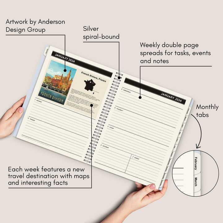 Americanflat 2024 Weekly Planner Spiral Bound 8.5 x 11 Inches - World Travel Weekly Agenda - January to December 2024 Calendar Planner with Flexible Cover and Monthly Tab Organizer