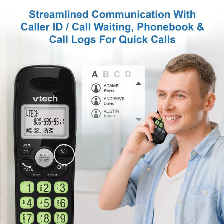 [New] VTech VG131-11 DECT 6.0 Cordless Phone - Bluetooth Connection, Blue-White Display, Big Buttons, Full Duplex, Caller ID, Easy Wall Mount, 1000ft Range (Black) CID + BT Black