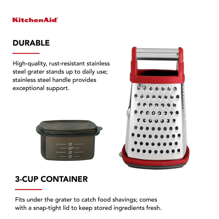 KitchenAid Gourmet 4-Sided Stainless Steel Box Grater for Fine, Medium and Coarse Grate, and Slicing, Detachable 3 Cup Storage Container and Measurment Markings, Dishwasher Safe, 10 inches tall, Red