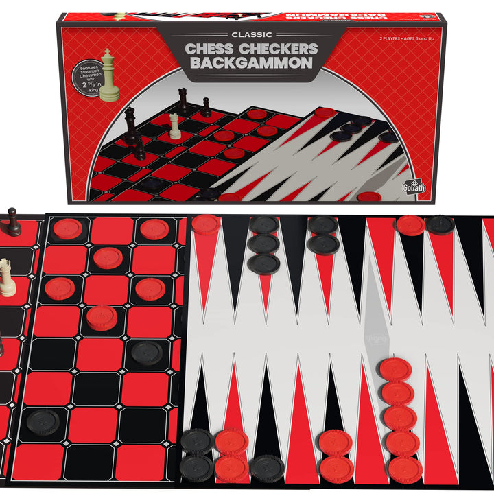 Goliath Chess/Checkers/Backgammon ( Exclusive) - 3 Games in One with Full Size Staunton Chess Pieces and Interlocking Checkers