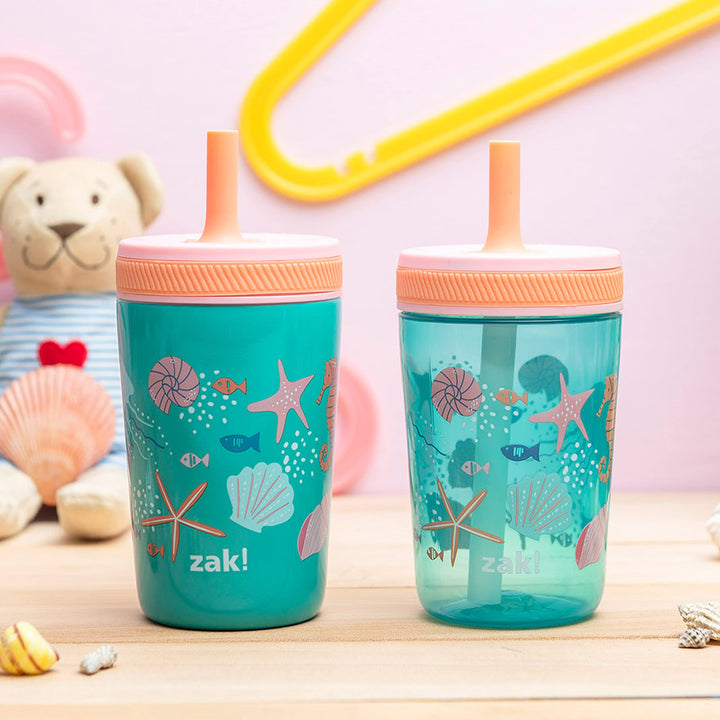 Zak Designs Shells Kelso Tumbler Set, Leak-Proof Screw-On Lid with Straw, Bundle for Kids Includes Plastic and Stainless Steel Cups with Bonus Sipper (3pc Set, Non-BPA) 15 fl.oz. Classic