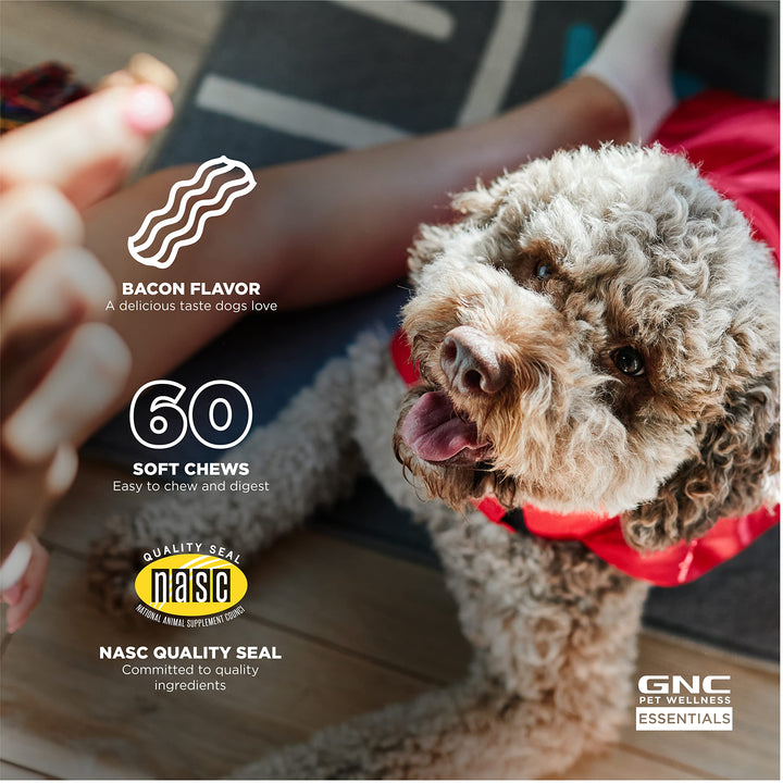 GNC Pets Essentials, Skin & Coat, All Dog 60ct 2.2g Soft Chews | Skin & Coat Soft Chews for Dogs in Bacon Flavor | Dog Supplement with Salmon Oil, Omega Fatty Acids, and EPA & DHA for Skin and Coats 60 Count (Pack of 1)