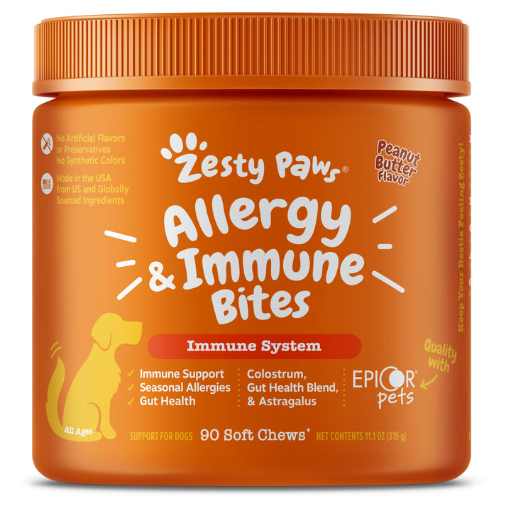 Zesty Paws Dog Allergy Relief - Anti Itch Supplement - Omega 3 Probiotics for Dogs - Salmon Oil Digestive Health - Soft Chews for Skin & Seasonal Allergies - With Epicor Pets - PB - 90 count Peanut Butter