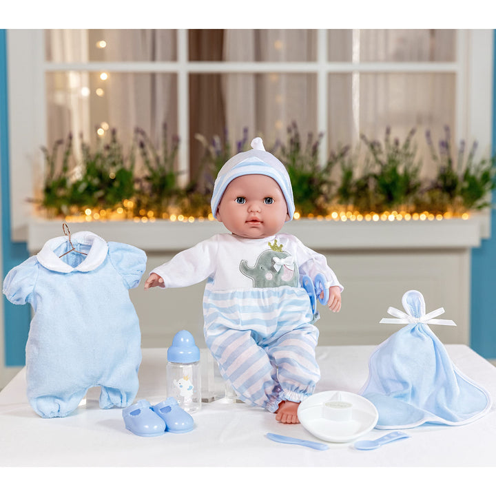 15" Realistic Soft Body Baby Doll with Open/Close Eyes | JC Toys - Berenguer Boutique | 10 Piece Gift Set with Bottle, Rattle, Pacifier & Accessories | Blue | Ages 2+ Blue Gift Set