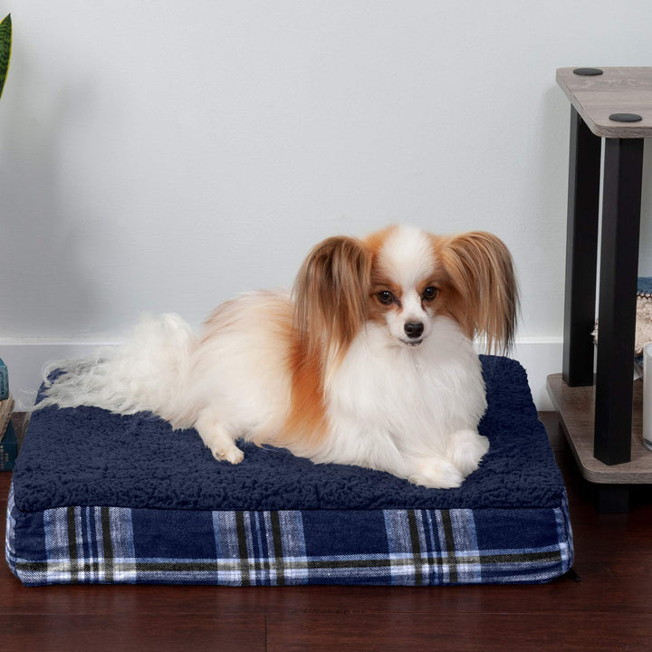 Furhaven Orthopedic Dog Bed for Small Dogs w/ Removable Washable Cover, For Dogs Up to 20 lbs - Sherpa & Plaid Flannel Deluxe Mattress - Midnight Blue, Small