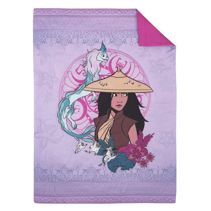 Disney Raya and The Last Dragon Mythic Pop Lavender, Magenta, and Blue with Sisu Dragon and Tuktuk 4 Piece Toddler Bed Set - Comforter, Fitted Bottom Sheet, Flat Top Sheet, and Reversible Pillowcase Disney Raya and the Last Dragon