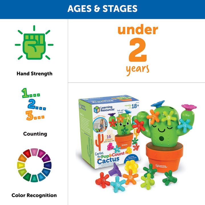 Learning Resources Carlos The Pop & Count Cactus,Toddler Learning Toys, Preschool Toys, Educational Toys for Kids, Cactus Toys for Kids, Age 18+ Months,16 Pieces