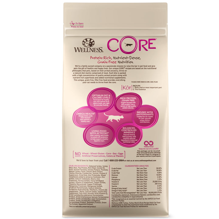 Wellness CORE Natural Grain-Free High Protein Adult Dry Cat Food Recipe, Turkey, Turkey Meal and Duck Formula, 11 Pound Bag 11 Pound (Pack of 1)