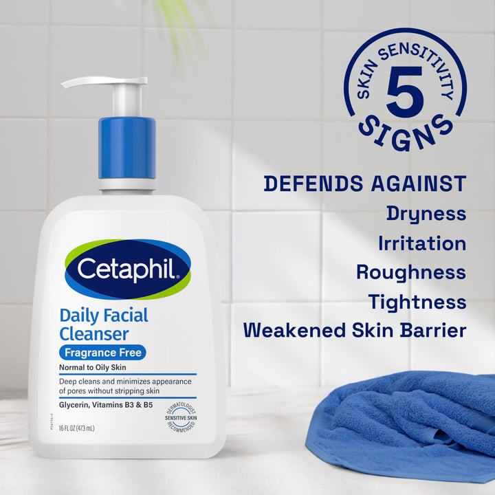 Cetaphil Face Wash, Daily Facial Cleanser for Sensitive, Combination to Oily Skin, NEW 16 oz, Fragrance Free, Gentle Foaming, Soap Free, Hypoallergenic (Packaging May Vary)