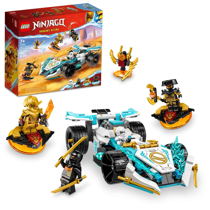 LEGO NINJAGO Zane’s Dragon Power Spinjitzu Race Car 71791 Building Toy Set, Features a Ninja Car, 2 Hover Flyers, Dragon Toy, and 4 Minifigures, Gift for Kids Aged 7+ Blue