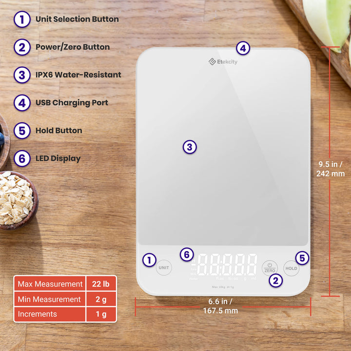 Etekcity Food Kitchen Scale, 22lb Digital Weight Scale Grams and Ounces Rechargeable Waterproof Tool for Weight Loss, Cooking, Baking, Meat, Bread, Large 0.05oz/1g Accuracy Large-22lb