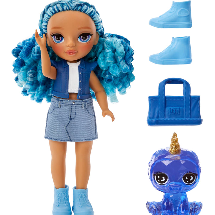 Rainbow High Littles – Sapphire Bradshaw, Blue 5.5" Posable Small Doll with Purse, Magical Pet Yeti, Girls Toy Gift, Kids Ages 4-12 Years