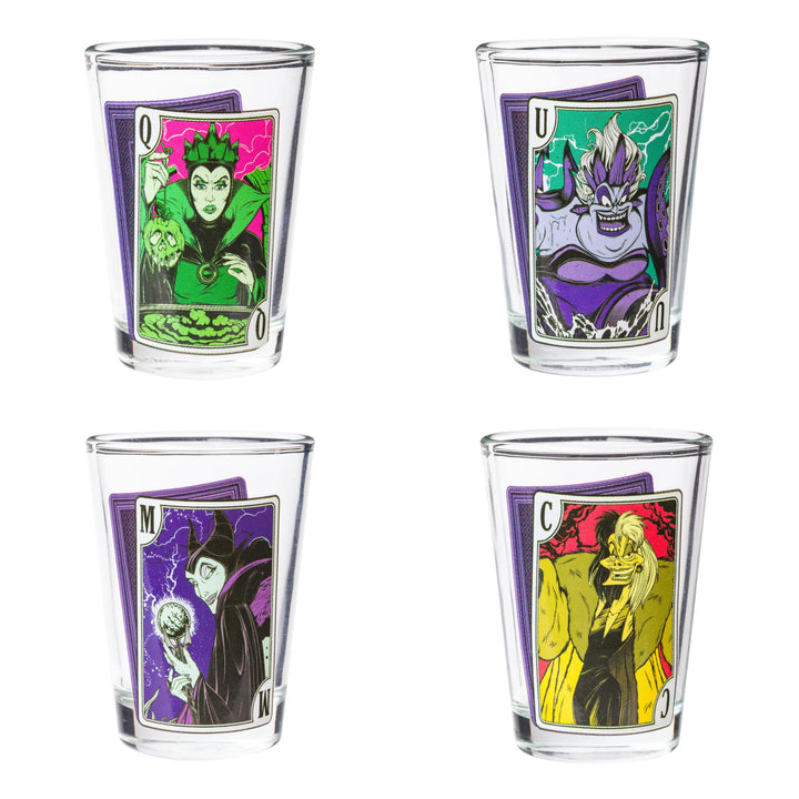 Silver Buffalo Disney Villain Cards Mini Glasses 4 Pack Featuring Cruella De Vil, Ursula, The Evil Queen and Maleficent, 1.5 Ounces Villains Cards
