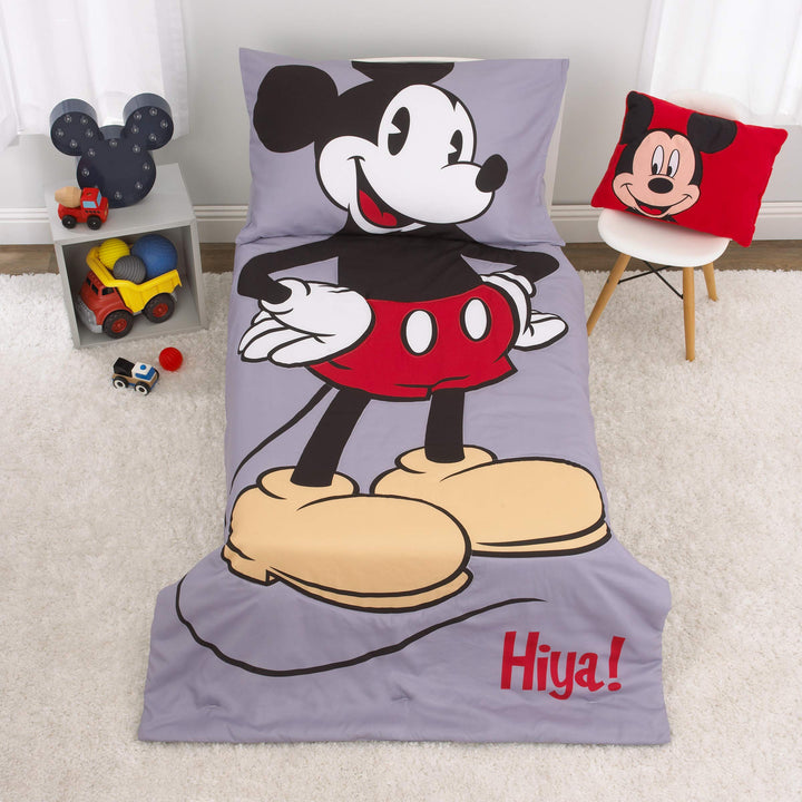 Mickey Mouse Grey, Red, Yellow and Black 4 Piece Toddler Bed Set with Comforter, Fitted Bottom Sheet, Flat Top Sheet, Standard Size Pillowcase Disney Mickey Mouse