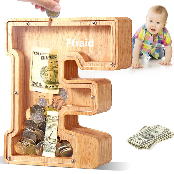 Wooden Personalized Piggy Bank, A-Z Alphabet Letter Piggy Bank for Kids Boys Girls, Piggy Bank Toy, Coin Bank Money Box, DIY Name Birthday Room Decoration（F） F