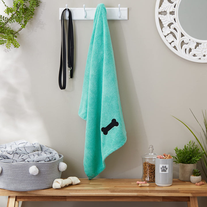 Bone Dry Pet Grooming Towel Collection Absorbent Microfiber X-Large, 41x23.5", Embroidered Green