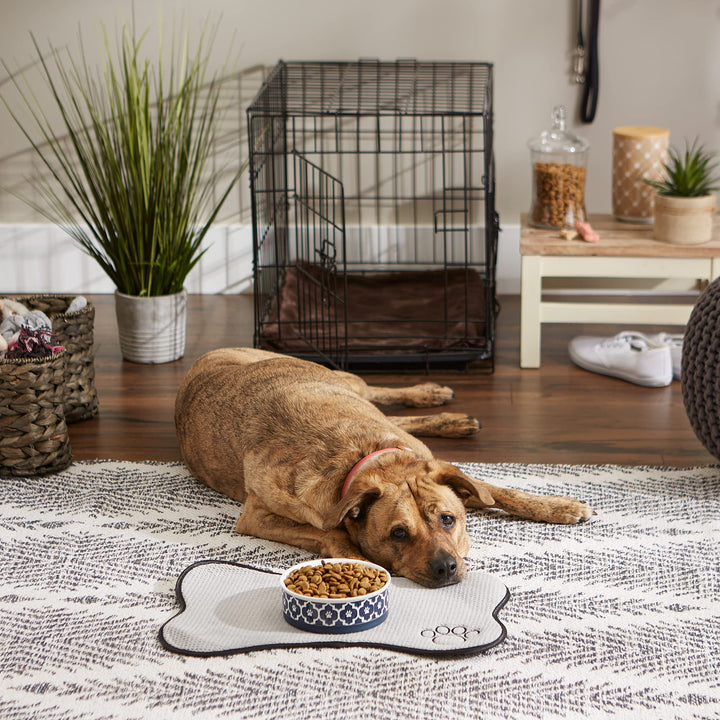 Bone Dry Lattice Pet Bowl, Removable Silicone Ring Creates Non-Slip Bottom for Secure Feeding & Less Mess, Microwave & Dishwasher Safe, Single Dish, Medium 6x2", Nautical Blue