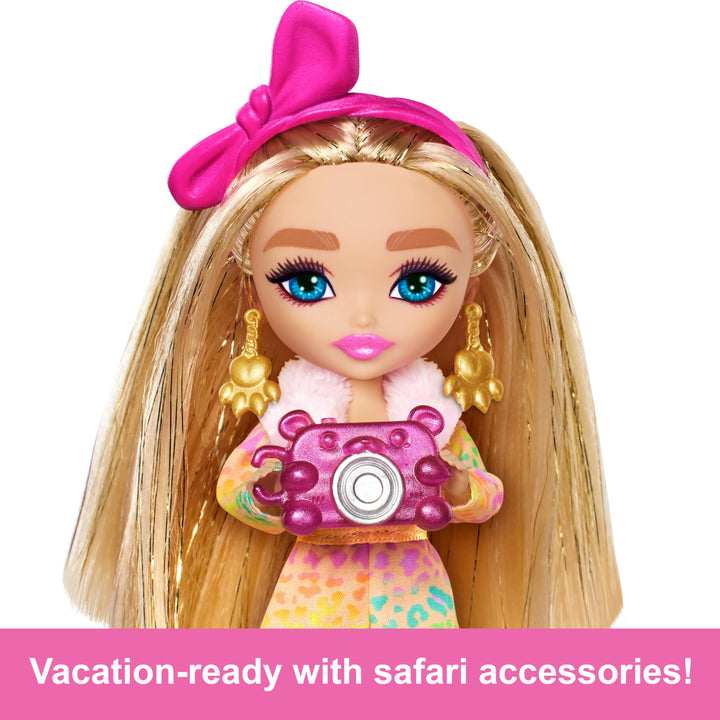 Barbie Extra Fly Minis Travel Doll, Safari Look with Extra Long Brunette Hair in Animal-Print Outfit & Accessories, 5.5-inch