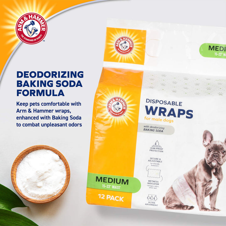 Arm & Hammer For Pets Male Dog Wraps, Medium 12 Ct | Ultra-Absorbent, Adjustable Male Dog Diapers with Leak-Proof Protection & Wetness Indicator | Arm & Hammer Baking Soda Enhanced for Odor Control Male Wraps Medium (12 Count)